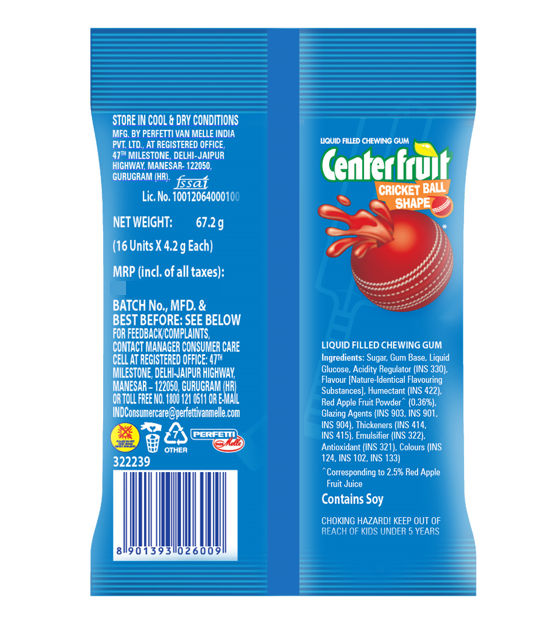 Center Fruit Liquid Filled Cricket Shape Ball, Red Apple Flavour