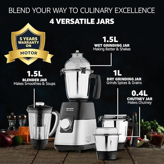 Sharp Mixer Grinder EM - G51N - W | 500 W | 4 Jars | Variable Speed Auto Cut - off - White