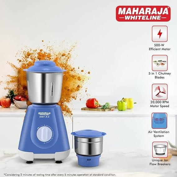 Maharaja Whiteline Smart 1..2..3 Mixer Grinder With 2 Jars | 500 W Motor - Blue