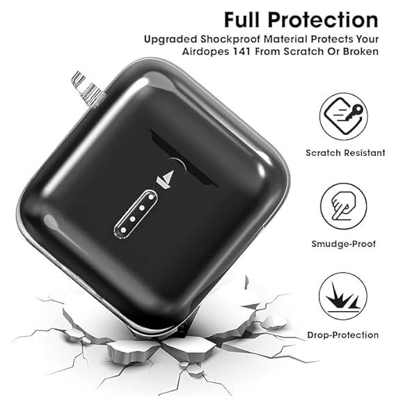 Sounce Silicone Case Cover for Boat Airdopes 141 | Shock-Absorbing | with Keychain & Front LED Visible, Transparent