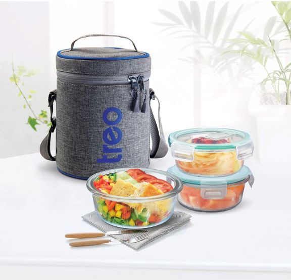 Treo By Milton All Fresh Borosilicate Glass Tiffin, 400 Ml, Set Of 3, Transparent (Round)