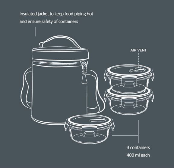 Treo By Milton All Fresh Borosilicate Glass Tiffin, 400 Ml, Set Of 3, Transparent (Round)