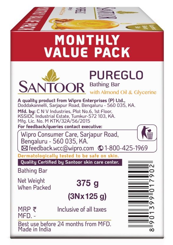 Santoor PureGlo Glycerine Bathing Bar Soap With Almond Oil for Nourished and Glowing Skin 375 g Combo