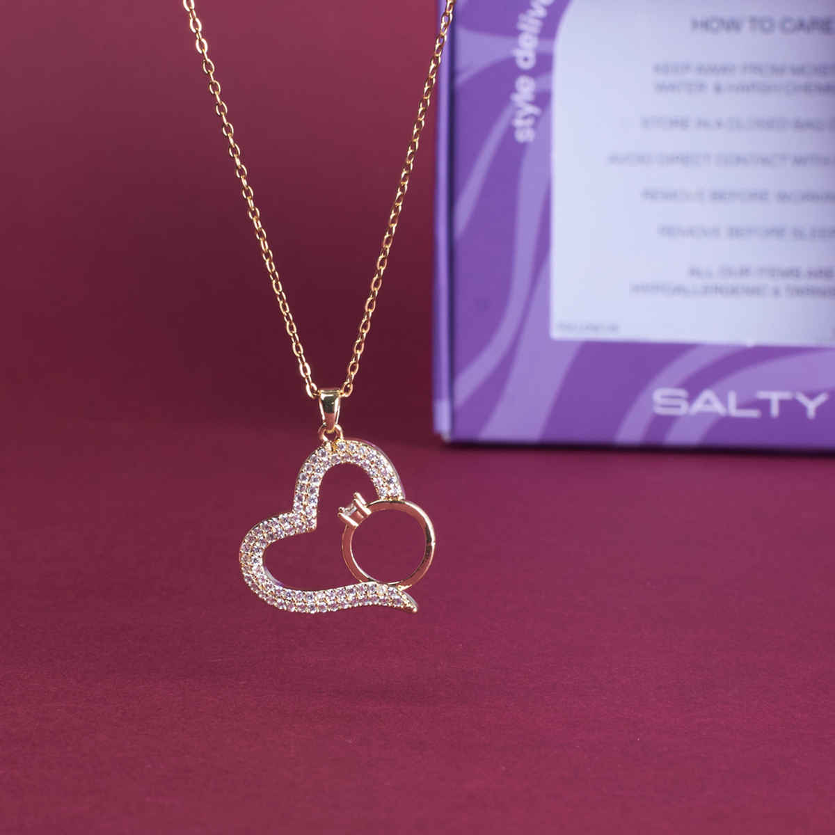 SALTY Graceful Heart with Ring Necklace Pendant for Women and Girls| Anti-Tarnish | Gold