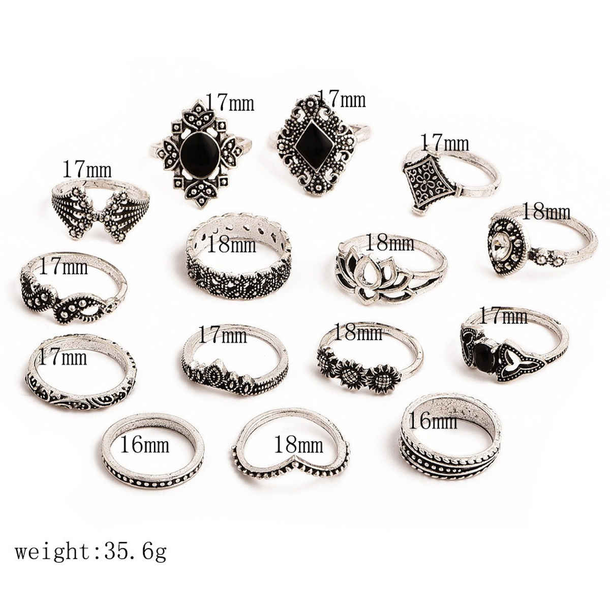 Jewels Galaxy Oxidised Silver Plated 15 Pcs Stackable Ring Set