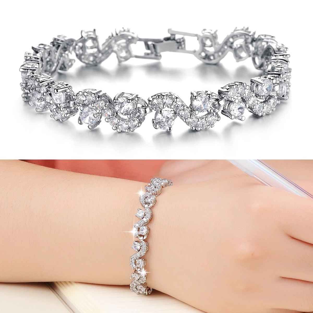 Shining Diva Fashion White Silver Plated Cubic Zirconia Aaa Crystal Bracelet for Women | 10950b