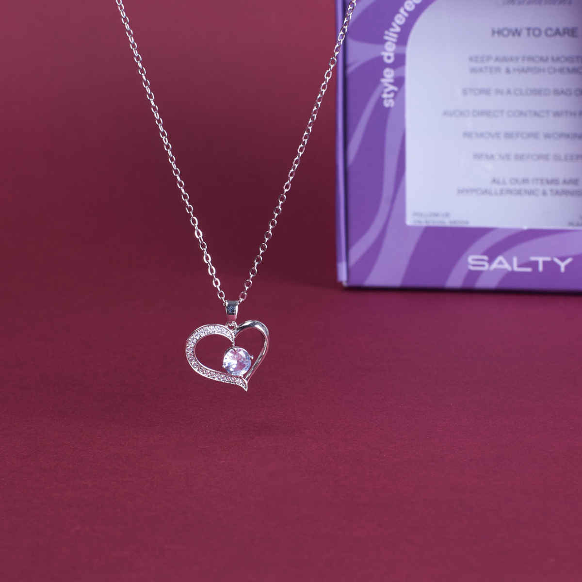 SALTY Sophisticated Stone Heart Necklace Pendant for Women and Girls| Anti-Tarnish | Silver