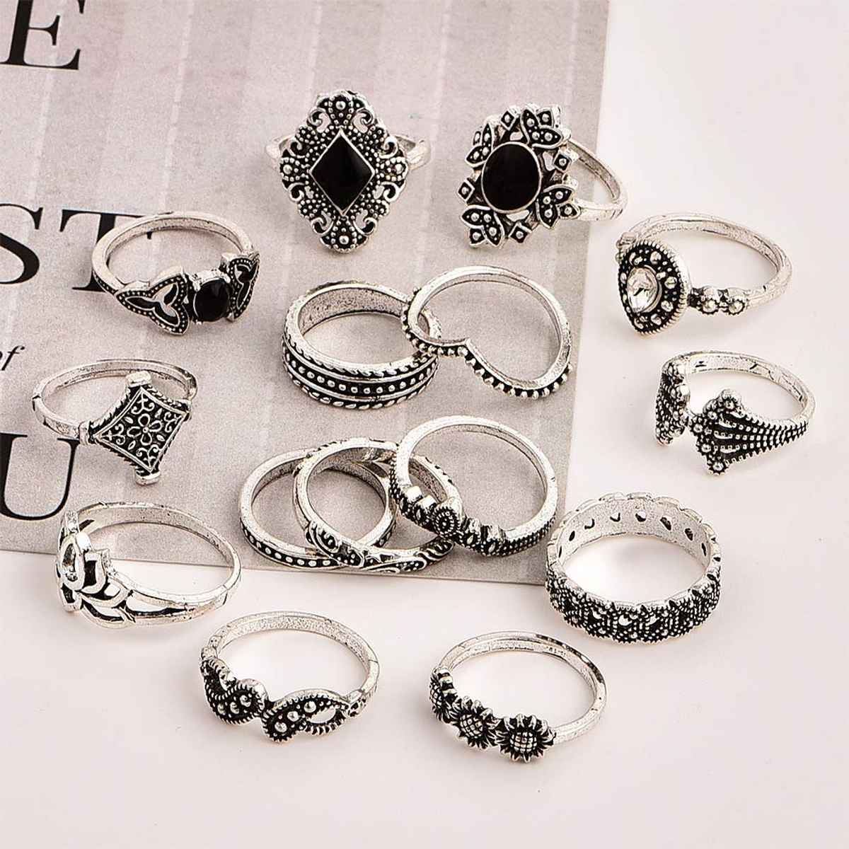 Shining Diva Fashion Set of 15 Base Metal Boho Midi Finger Rings for Women and Girls | 11800r