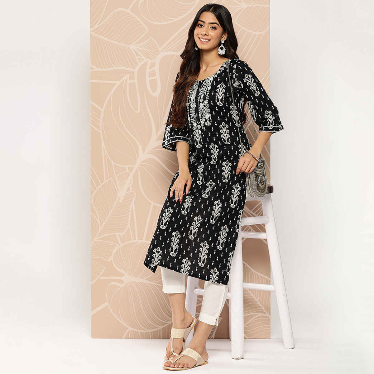 Libas Women Black Cotton Mirror Embroidered Detail Ethnic Straight Kurta - 26185L