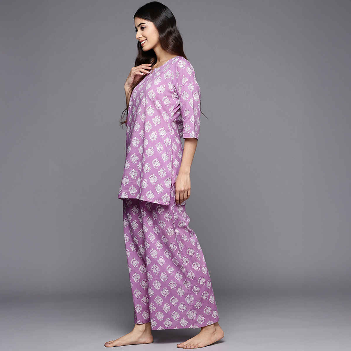 Libas Women Lavender Cotton Floral Kurti With Cotton Pyjamas - 50177S
