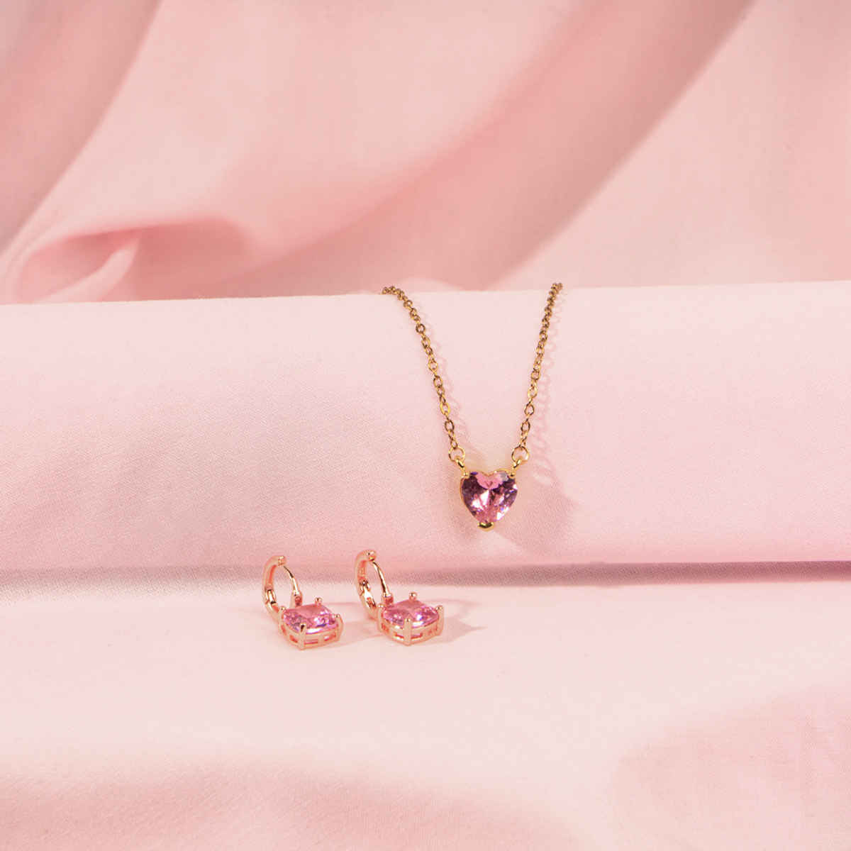 Salty Pink Heart Dainty Necklace and Cupids Gem Earrings Set for Rakhi | Gold | Pink