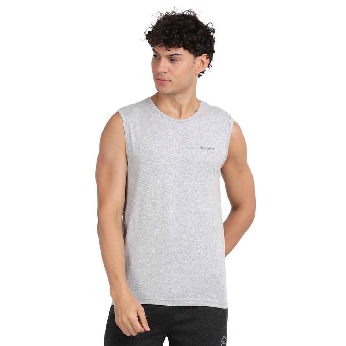 Pepe Jeans Mens Grey Melange Cotton Solid Gym Vest - Pack of 1 (L) Comfort Fit, Soft Fabric