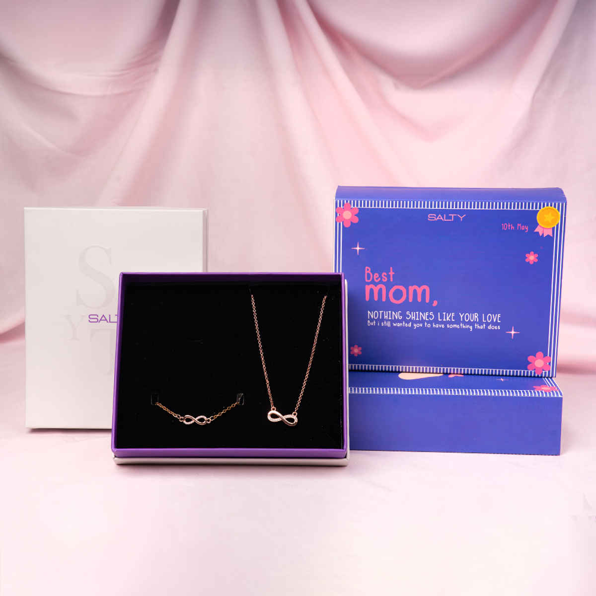 Salty Infinity Mothers Love Golden Crystal Necklace and Bracelet | Gold | White | Mother's Day