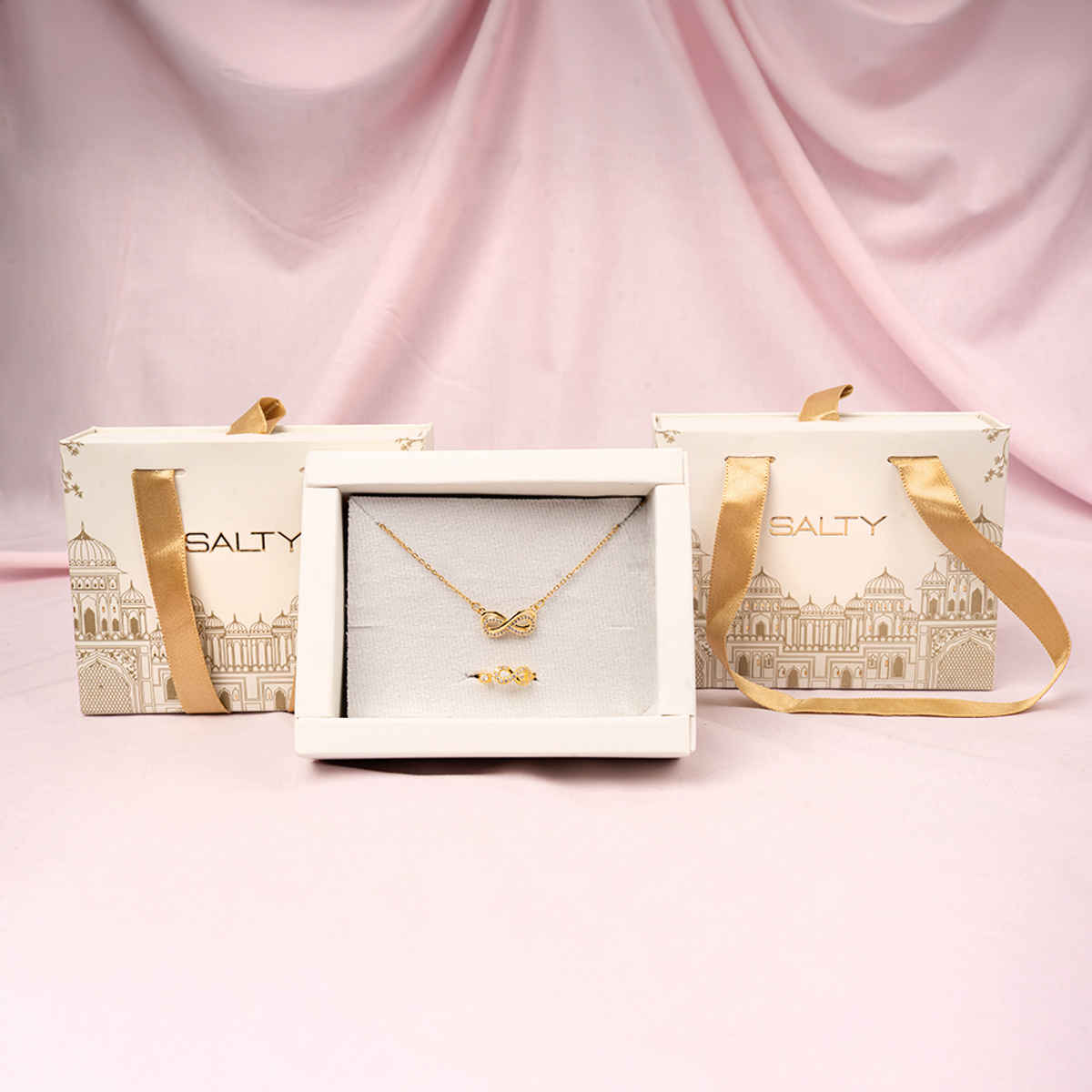 Salty Infinity Mothers Love Golden Crystal Necklace and Ring set for Mothers Day | Gold
