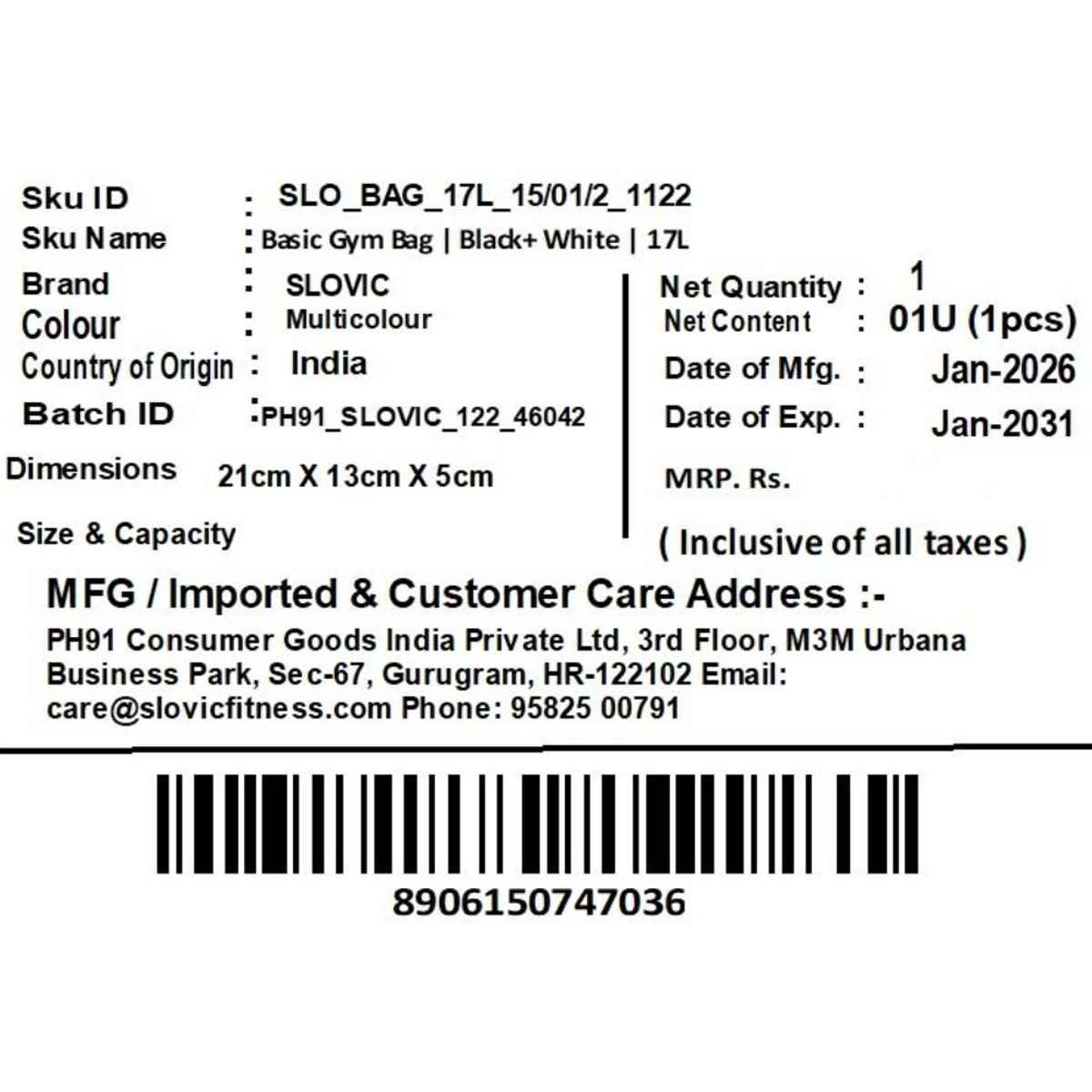 Slovic Sports and Travel Gym Bag Adjustable Straps Large Compartment Mesh Pocket | Black - 17 L