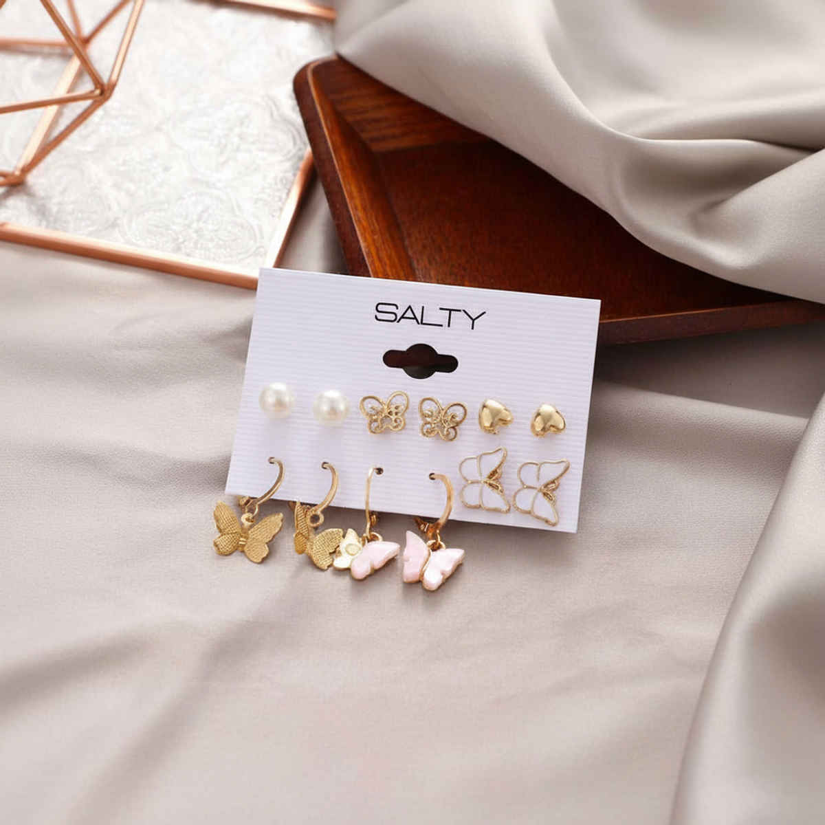SALTY Set of 6 Butterfly Drop Earrings and Studs for Women and Girls| Anti-Tarnish | Gold and Pink