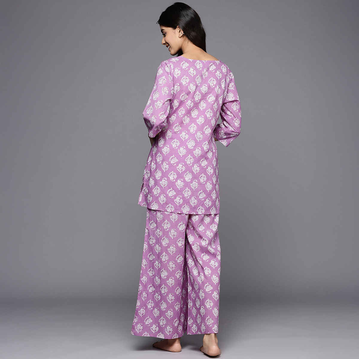 Libas Women Lavender Cotton Floral Kurti With Cotton Pyjamas - 50177S