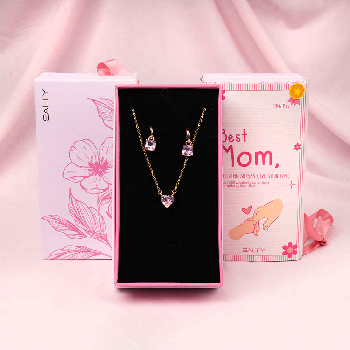 Salty Pink Heart Dainty Necklace and Cupids Gem Earrings Set for Rakhi | Gold | Pink