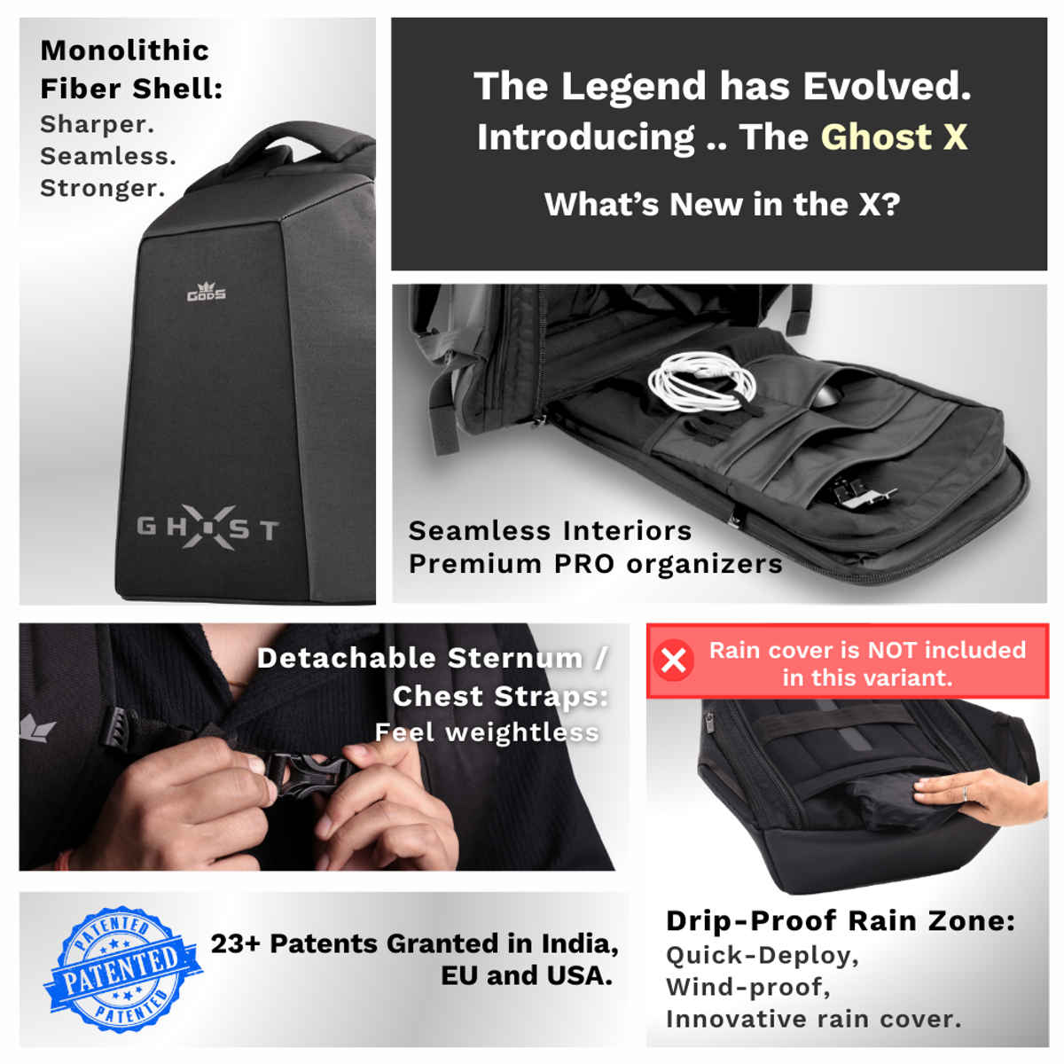 GODS Ghost X Carbon Fiber Anti Theft 15.6 inch Polyester Laptop Tech Backpack | 25 L - Black