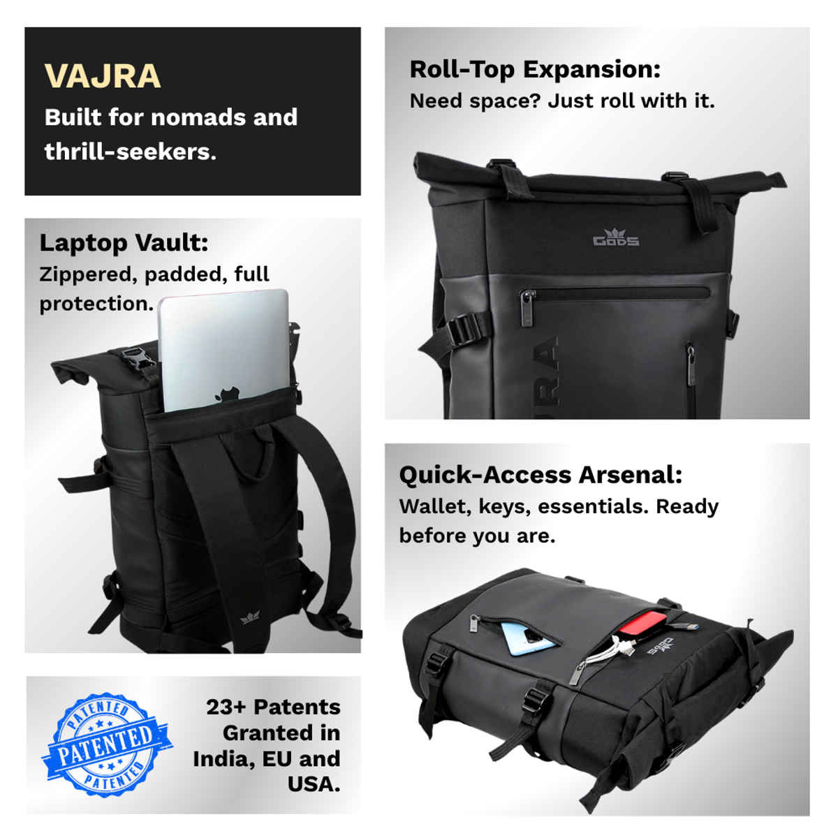 GODS Vajra Roll Top 15.6 inch Polyester Laptop Tech Backpack | 25 L - Black