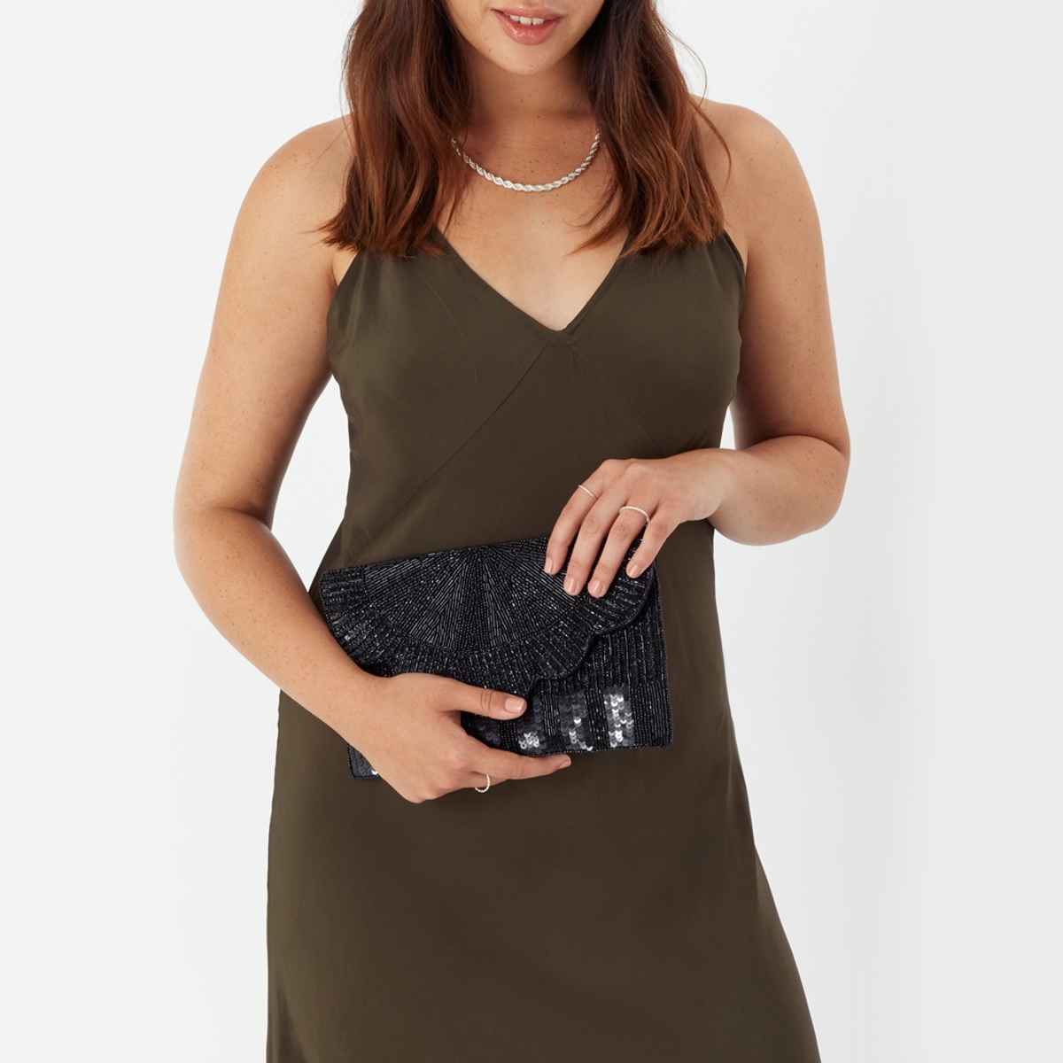 Accessorize London Women's Beaded Scallop Clutch - Black