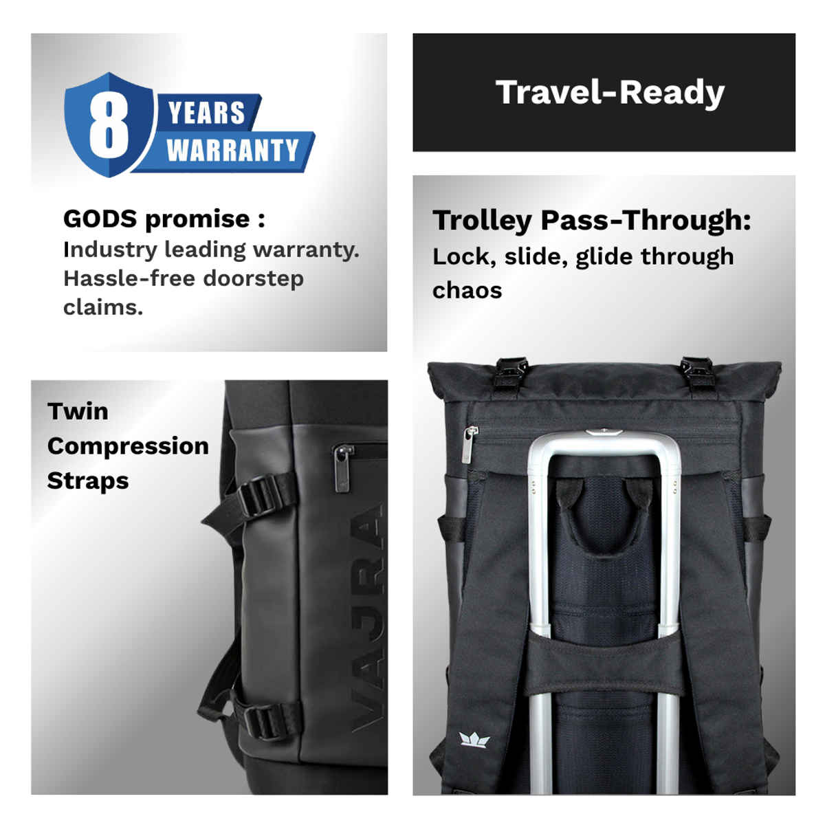 GODS Vajra Roll Top 15.6 inch Polyester Laptop Tech Backpack | 25 L - Black