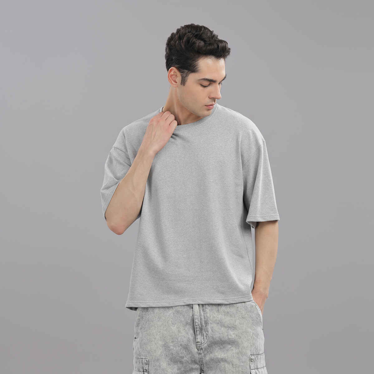 Outlaws Men's 100% Cotton French Terry Fabric Made Oversized T-shirt | Grey - L