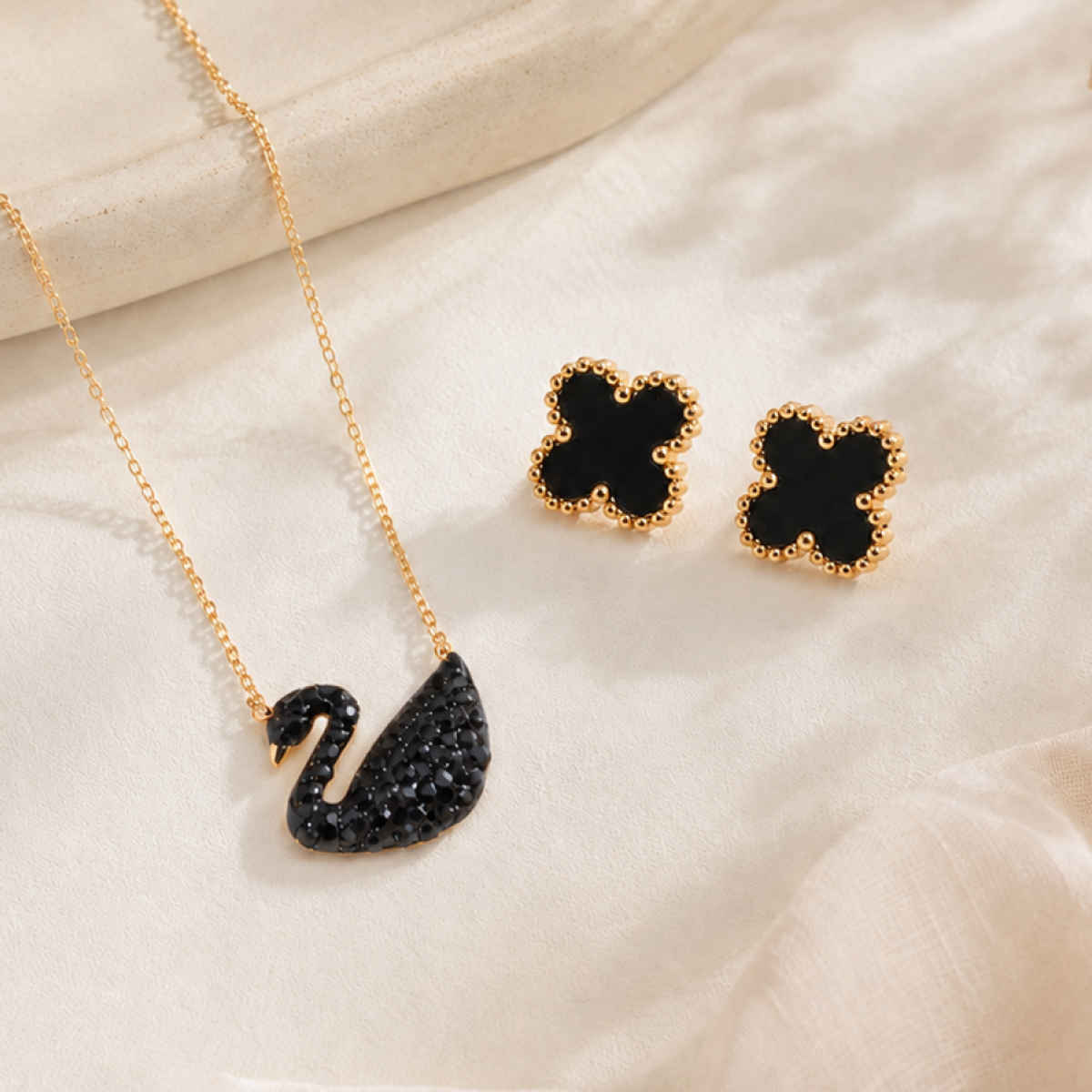 SALTY Golden Black Swan Necklace and Earring Jewellery Set