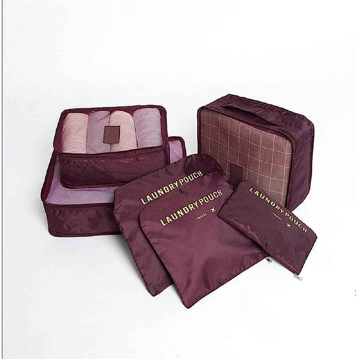 Awestuffs 6 pcs Luggage Compression Pouches, Laundry Bags and Digital Pouch | Maroon
