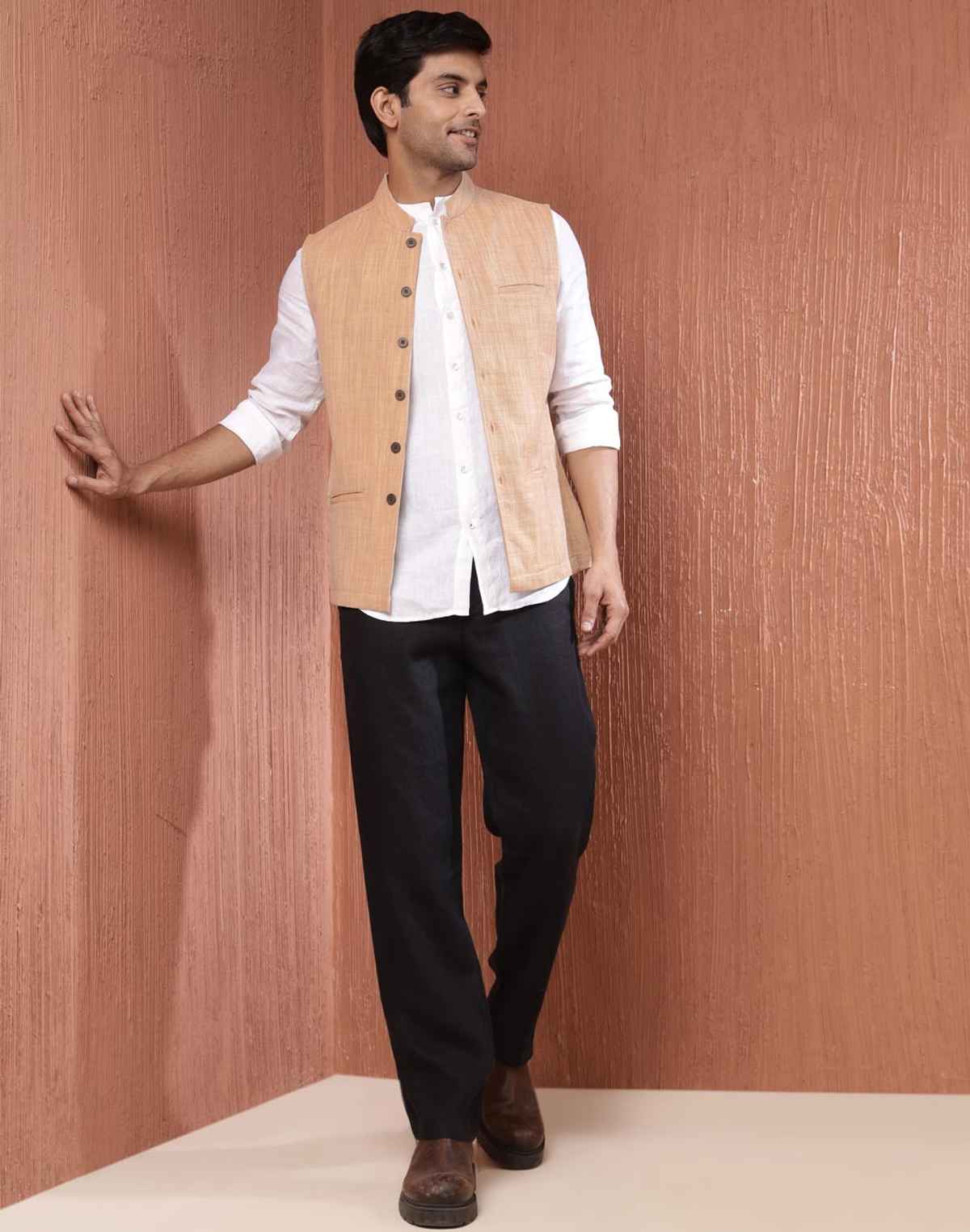 Fabindia Men's Nehru Jacket Cotton Hand Block Printed | Beige - XL