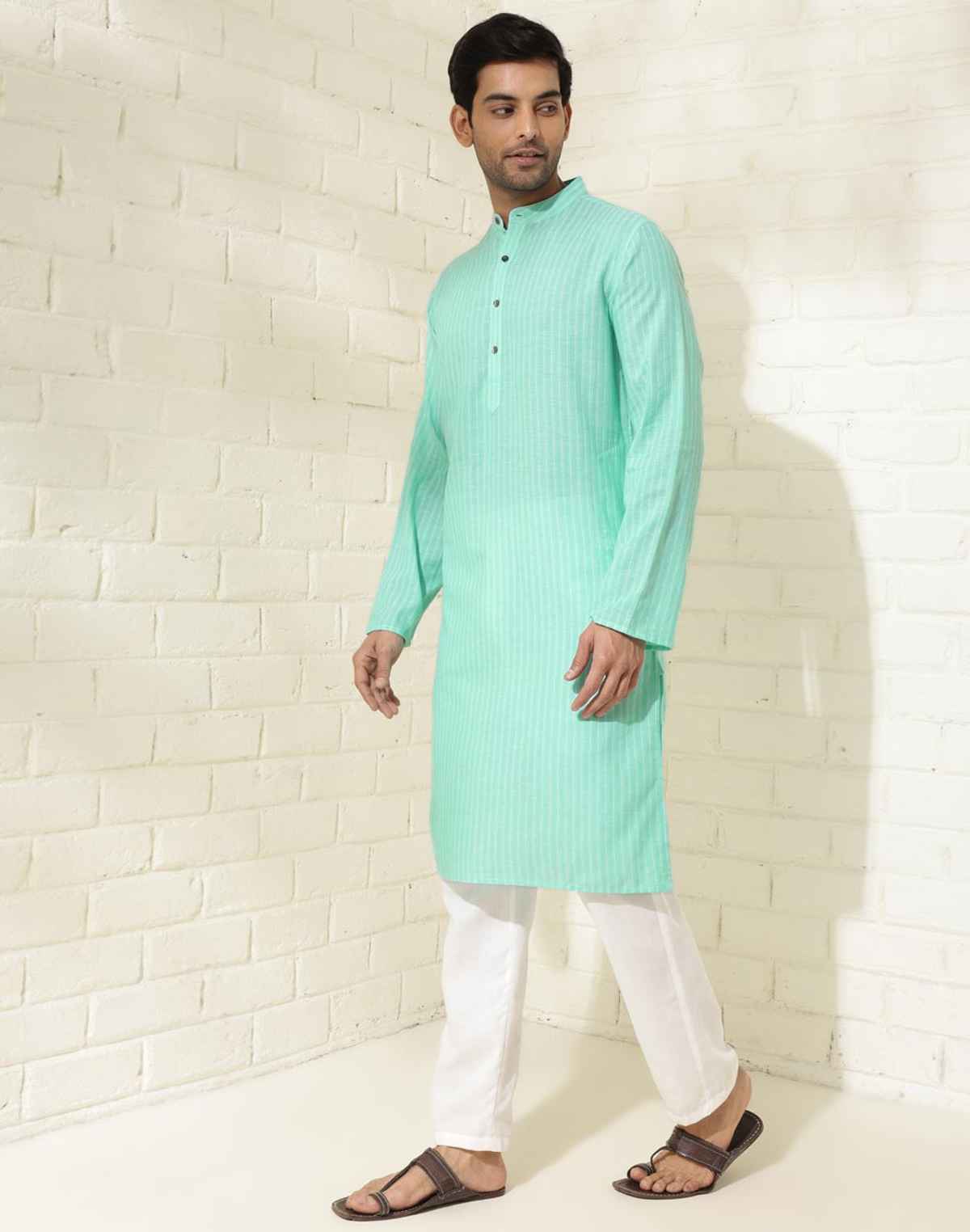 Fabindia Men's Long Kurta | Green - XS