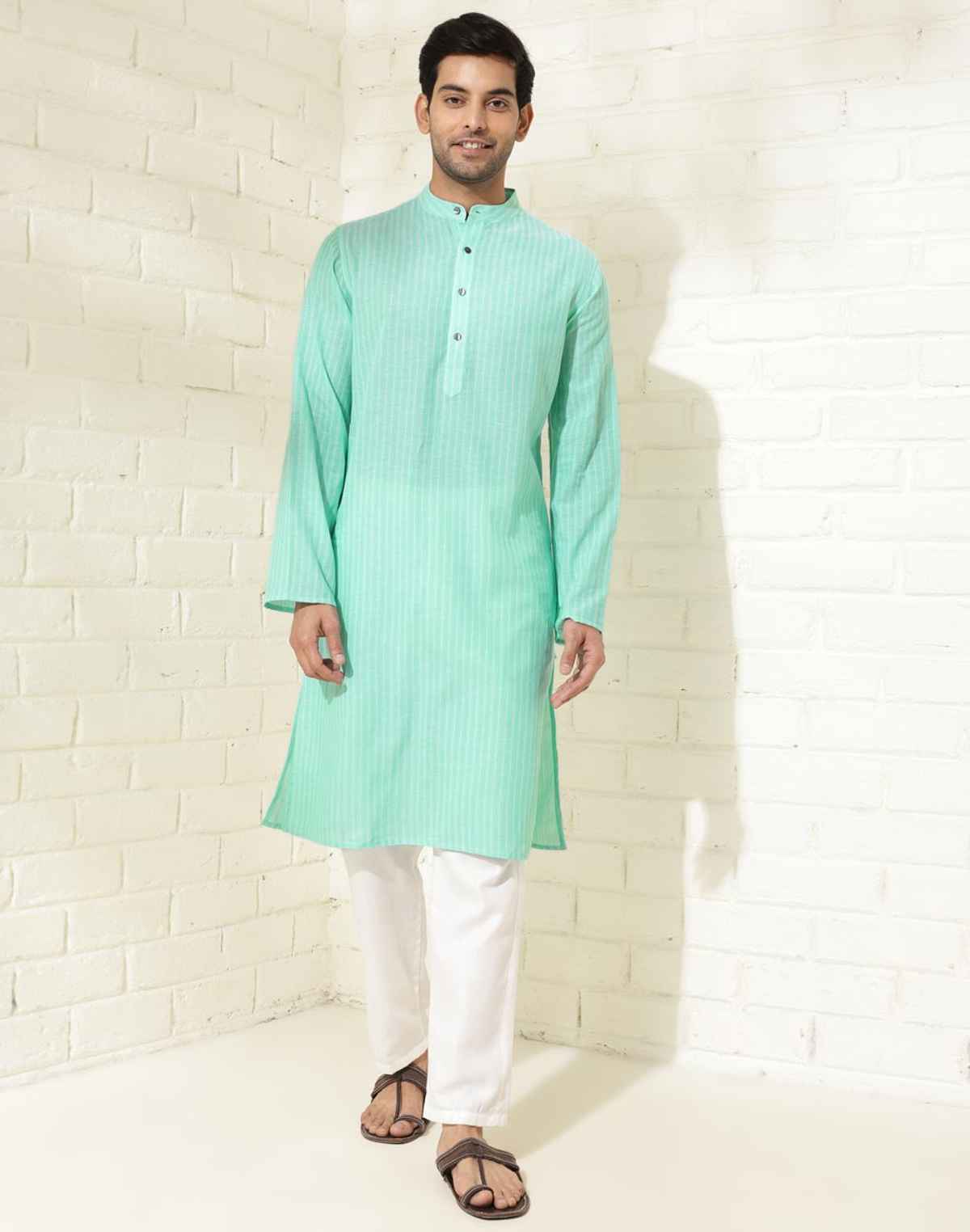 Fabindia Men's Long Kurta | Green - XS