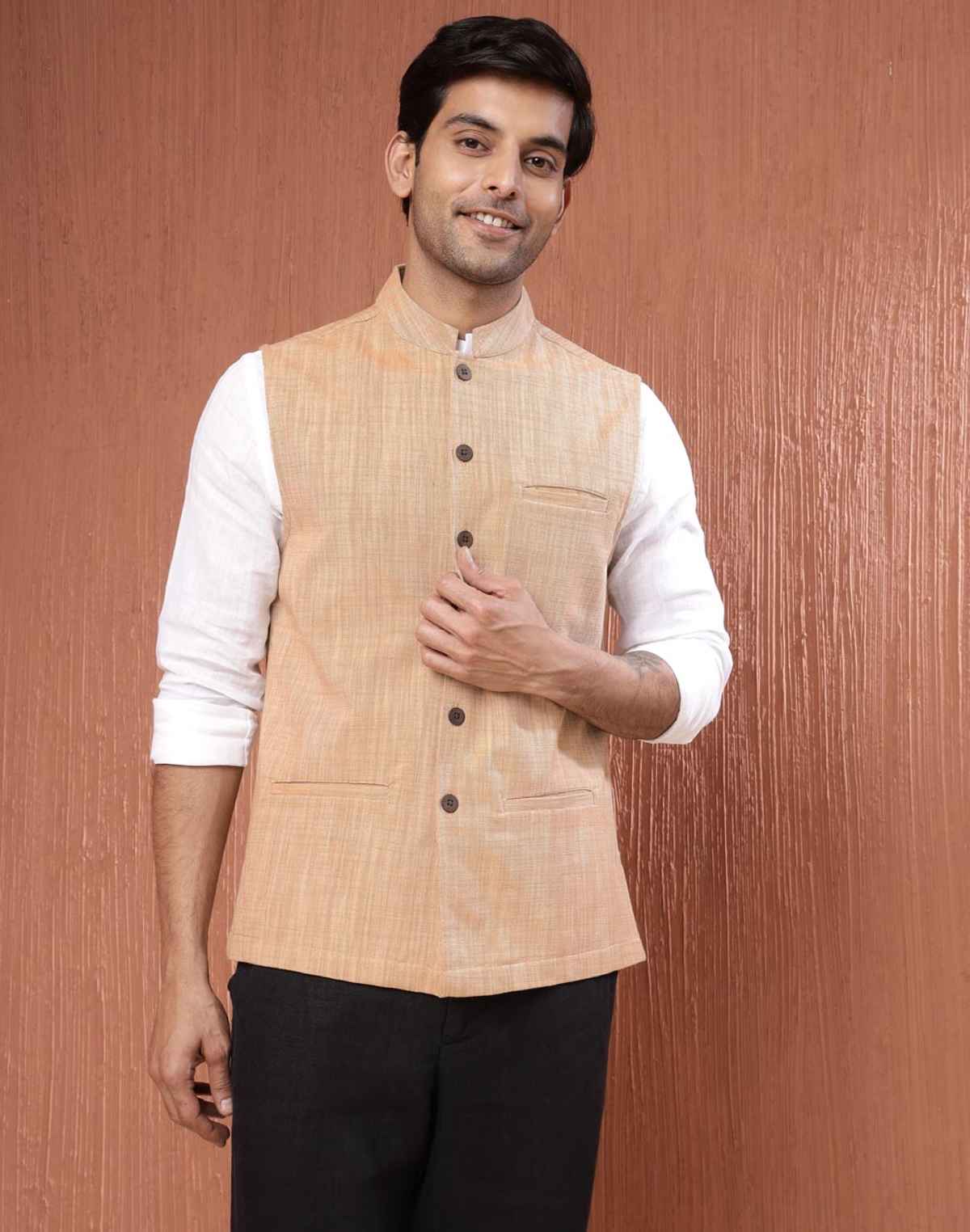 Fabindia Men's Nehru Jacket Cotton Hand Block Printed | Beige - XL
