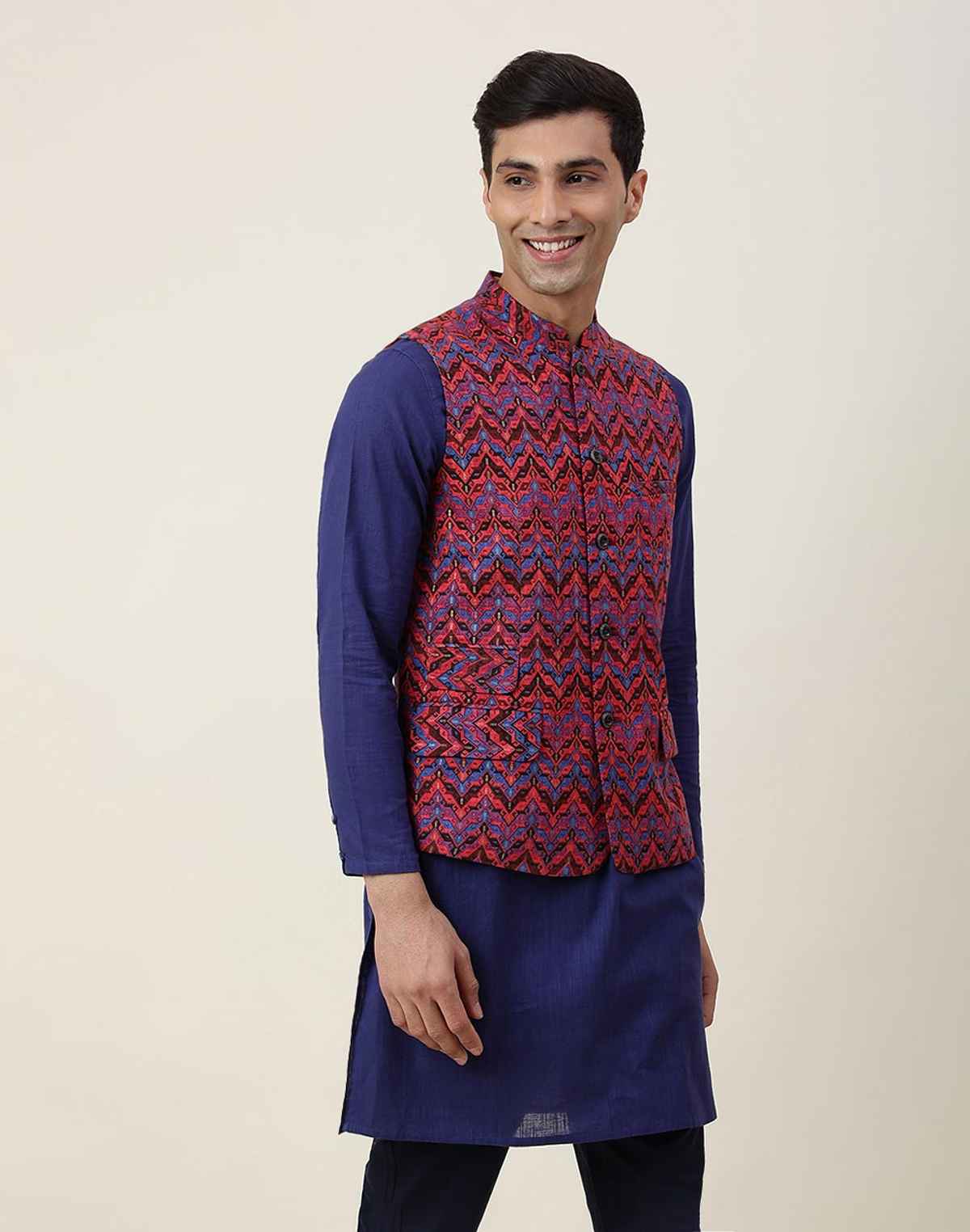 Fabindia Men's Nehru Jacket Printed Slim Fit | Maroon - M