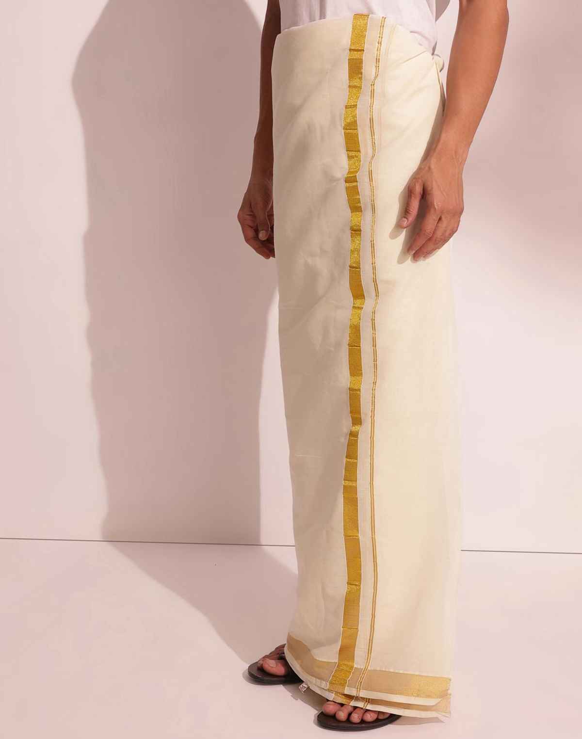 Fabindia Men's Dhoti Cotton Blend Woven | Natural Gold - Free Size