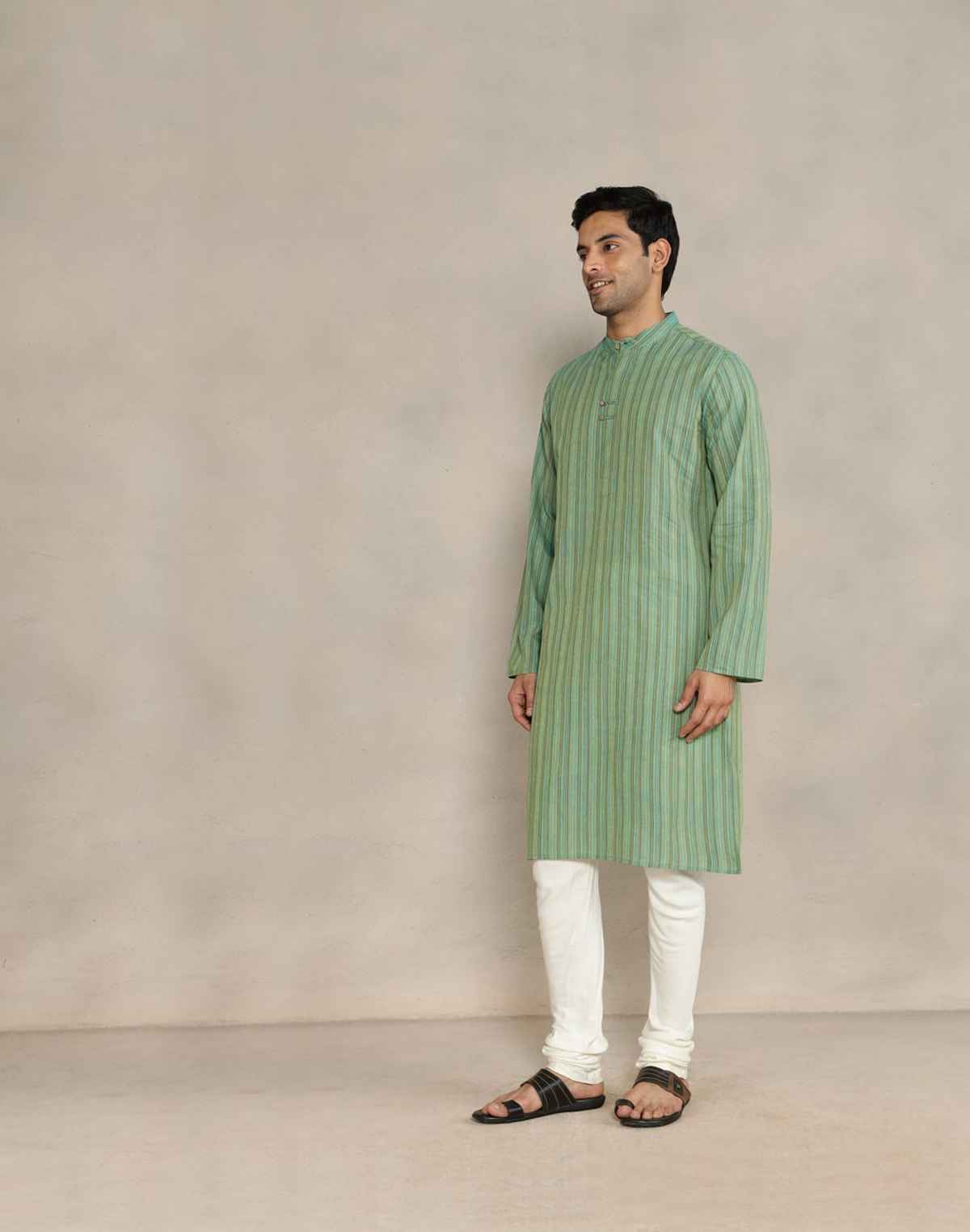 Fabindia Men's Cotton Slim Fit Long Kurta | Green - XS