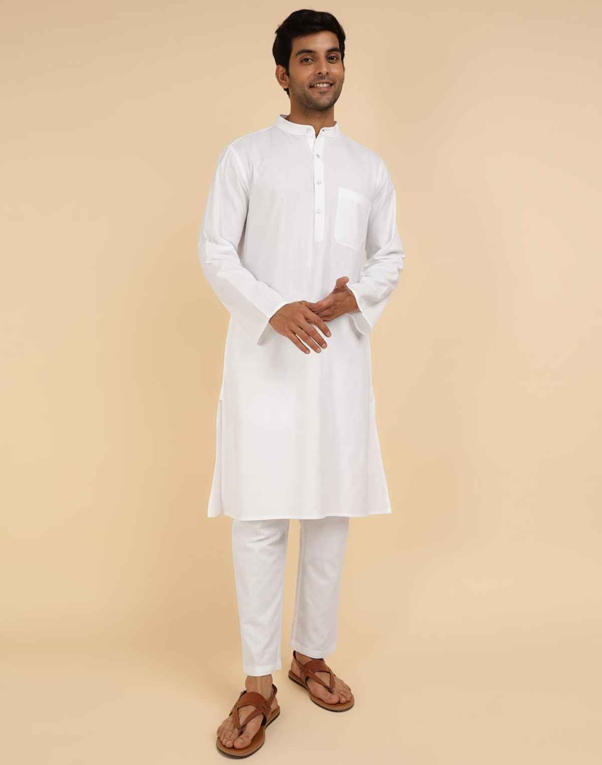 Fabindia White Cotton Woven Kurta & Pyjama Set (M)