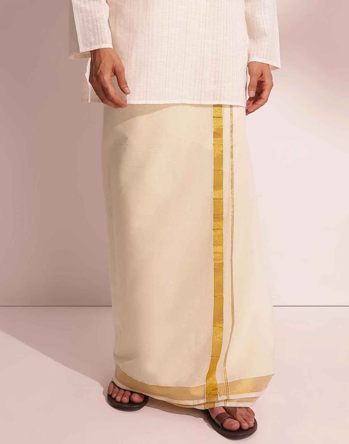Fabindia Men's Dhoti Cotton Blend Woven | Natural Gold - Free Size