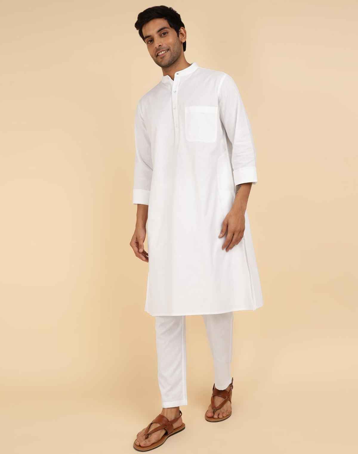 Fabindia White Cotton Woven Kurta & Pyjama Set (M)
