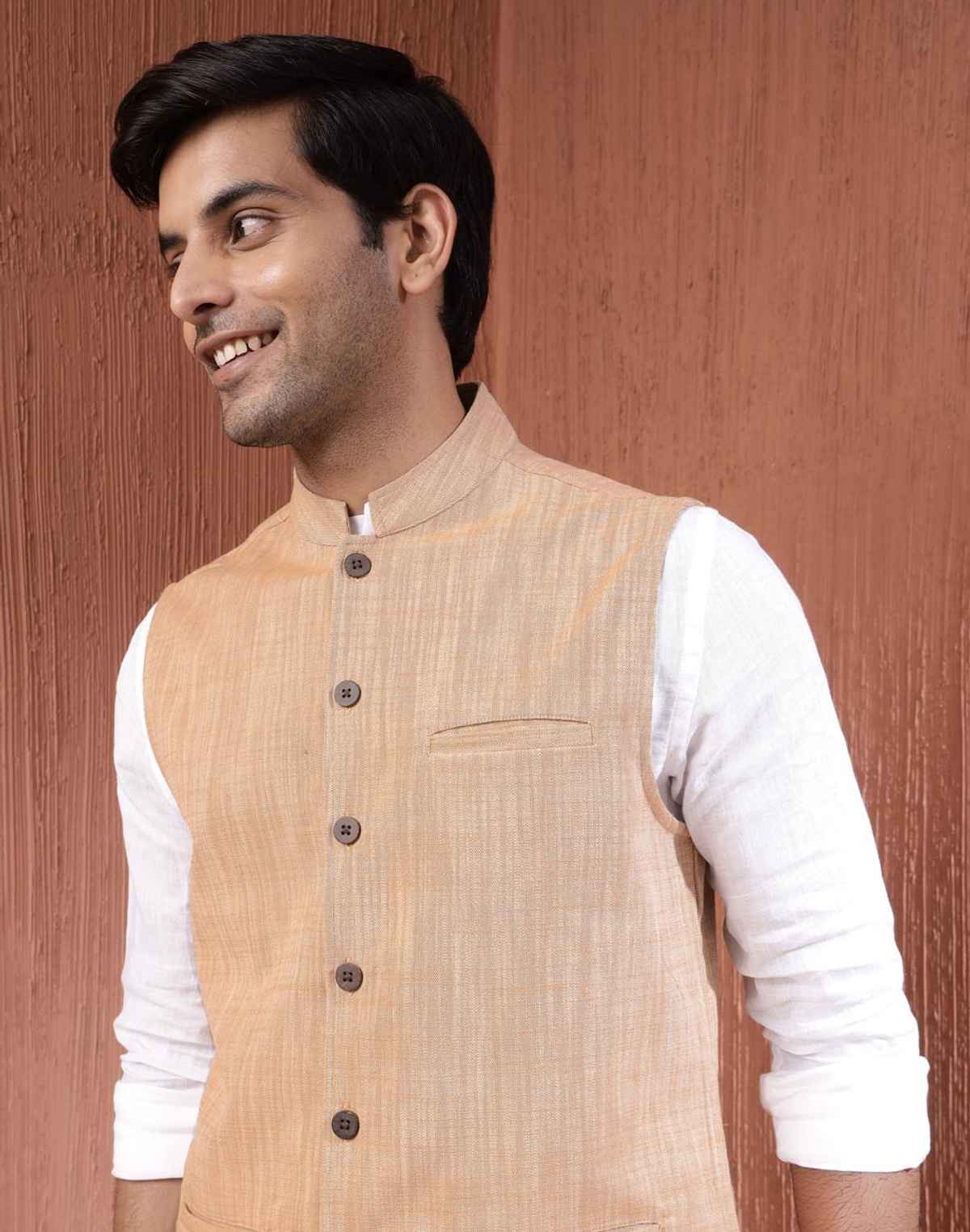 Fabindia Men's Nehru Jacket Cotton Hand Block Printed | Beige - XL