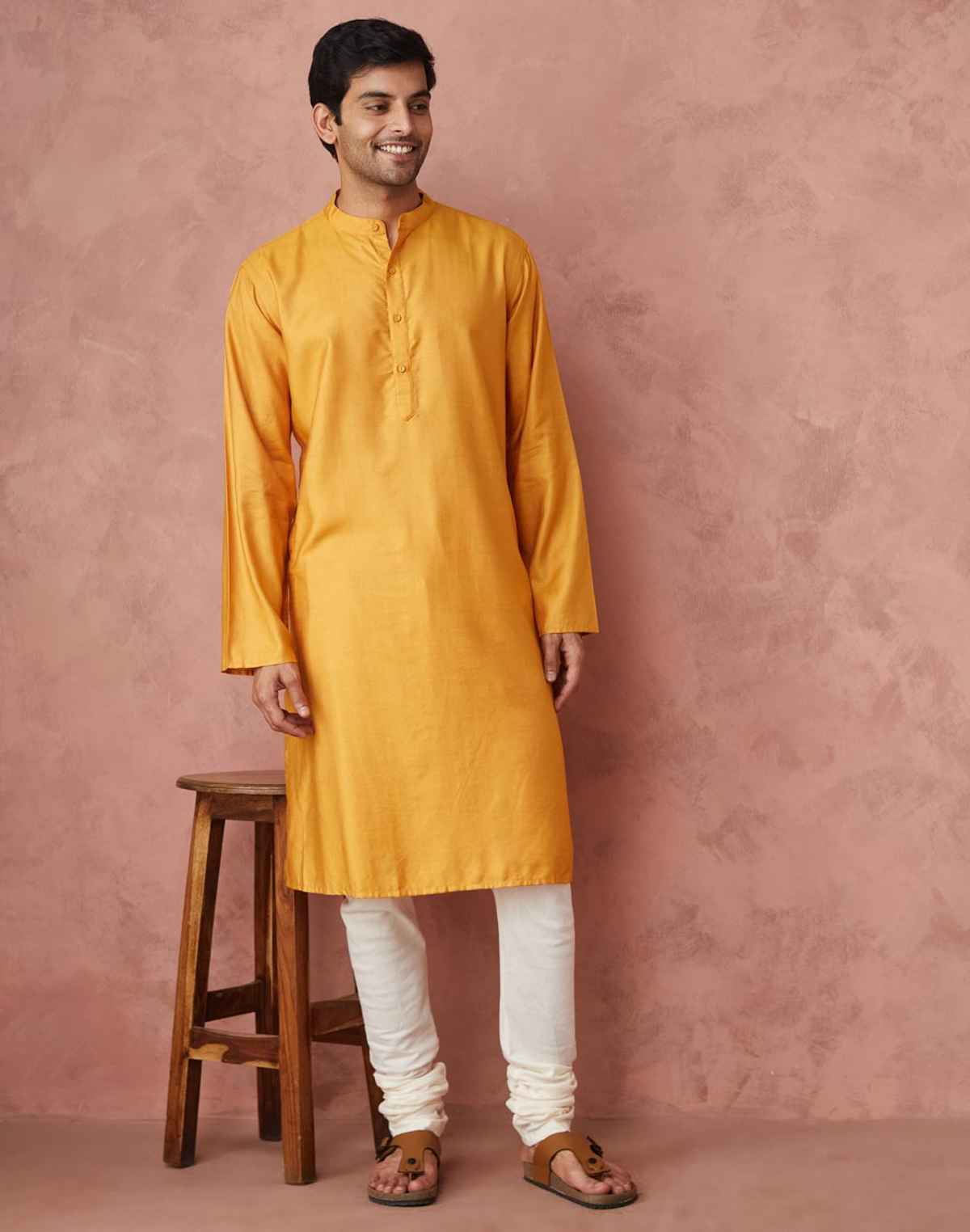 Fabindia Men's Long Kurta Comfort Fit Viscose Silk | Yellow - XS