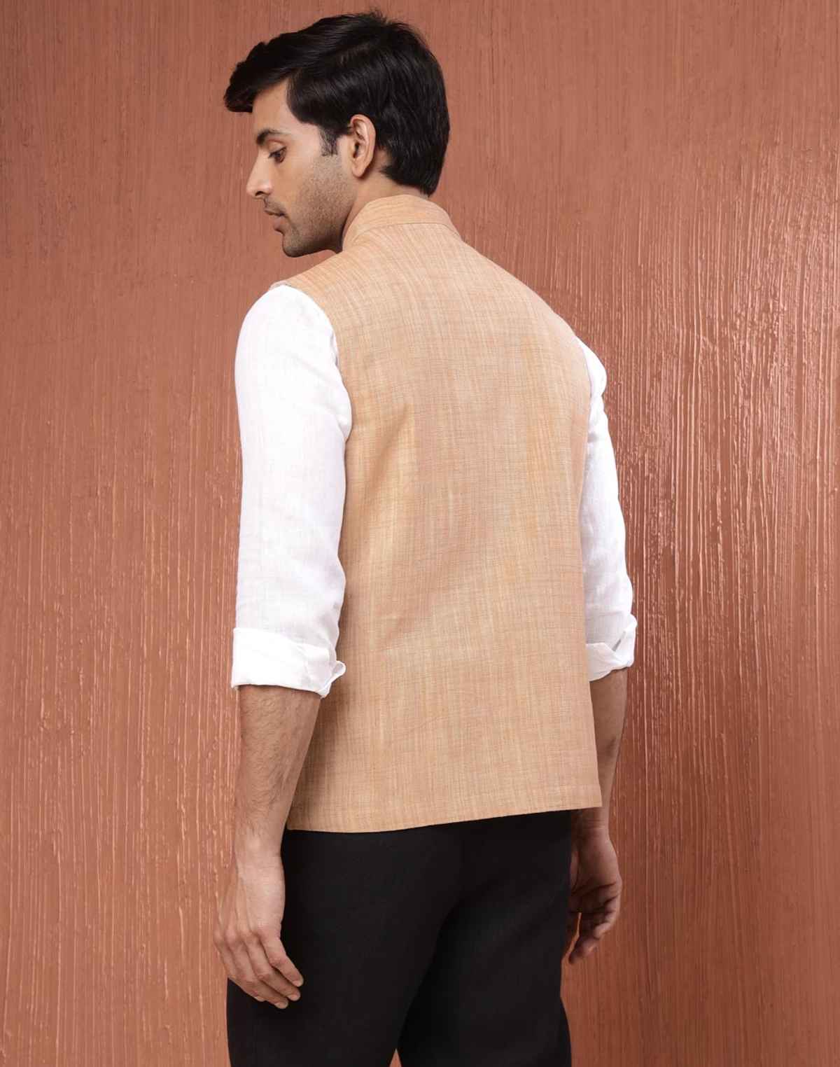 Fabindia Men's Nehru Jacket Cotton Hand Block Printed | Beige - XL