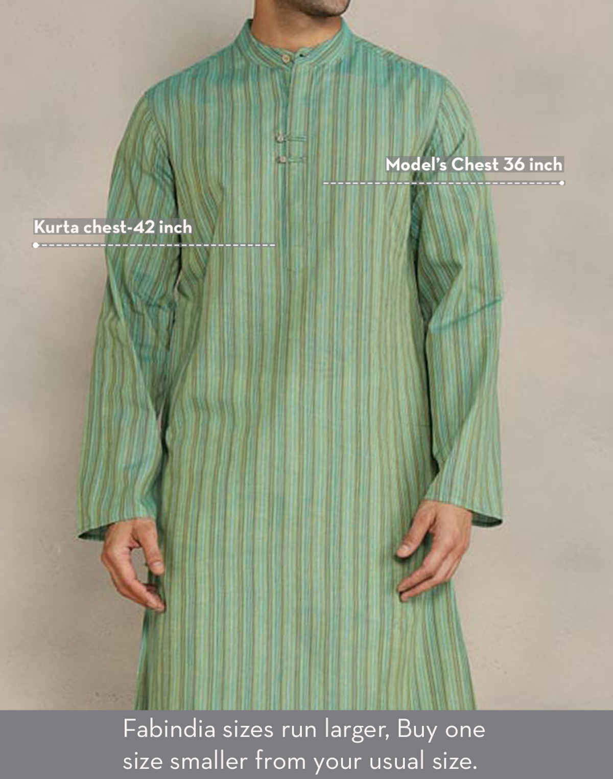 Fabindia Men's Cotton Slim Fit Long Kurta | Green - XS