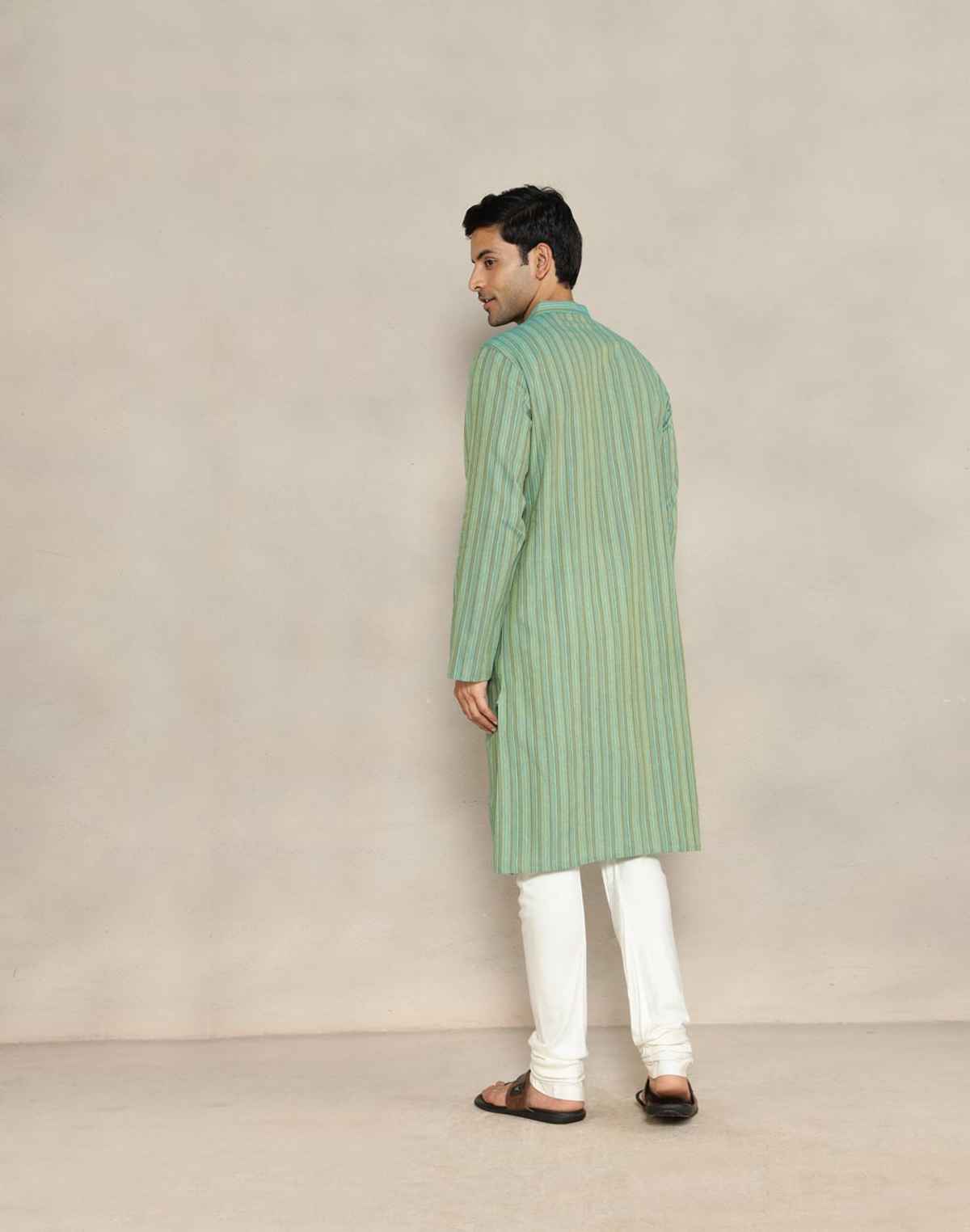 Fabindia Men's Cotton Slim Fit Long Kurta | Green - XS