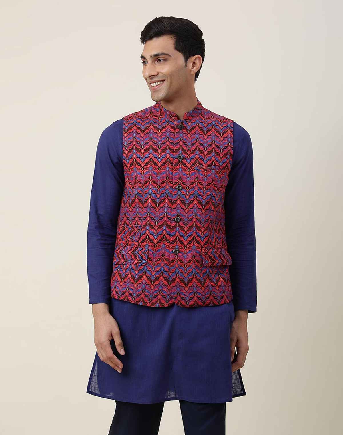 Fabindia Men's Nehru Jacket Printed Slim Fit | Maroon - M
