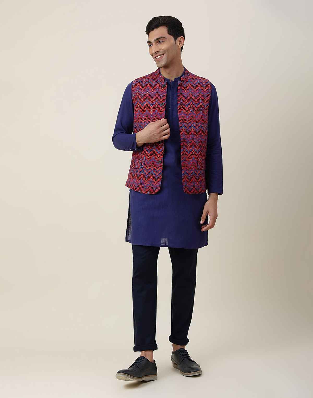 Fabindia Men's Nehru Jacket Printed Slim Fit | Maroon - M