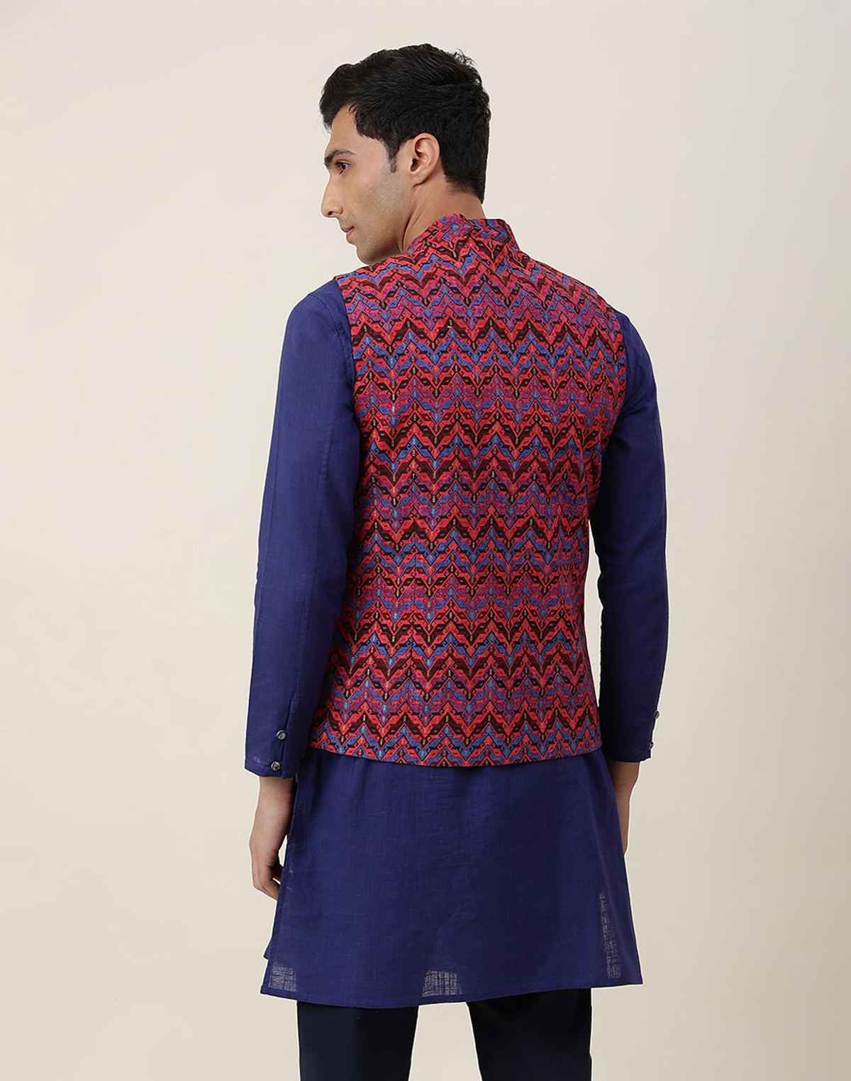 Fabindia Men's Nehru Jacket Printed Slim Fit | Maroon - M