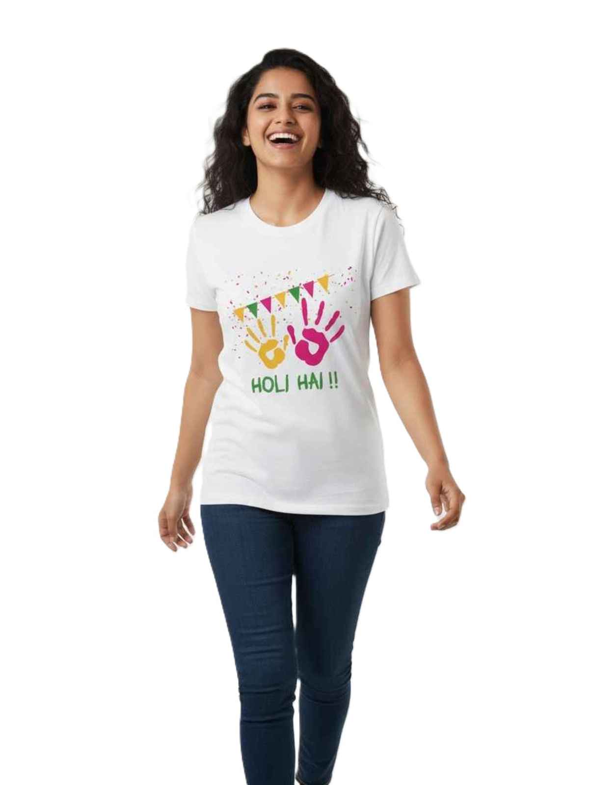 Springman Cotton Rich Half Sleeve Round Neck Springman Unisex T-Shirt White Holi Hai Printed | 2XL