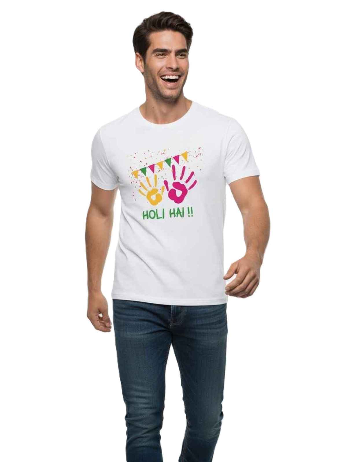 Springman Cotton Rich Half Sleeve Round Neck Springman Unisex T-Shirt White Holi Hai Printed | XL