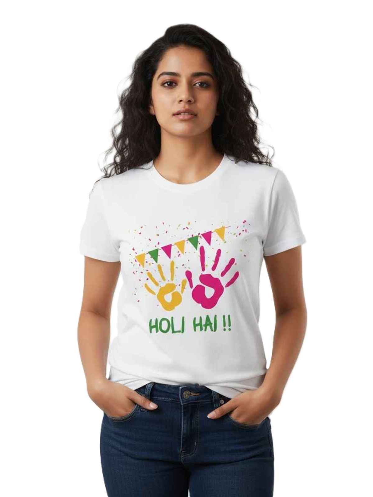 Springman Cotton Rich Half Sleeve Round Neck Springman Unisex T-Shirt White Holi Hai Printed | XL